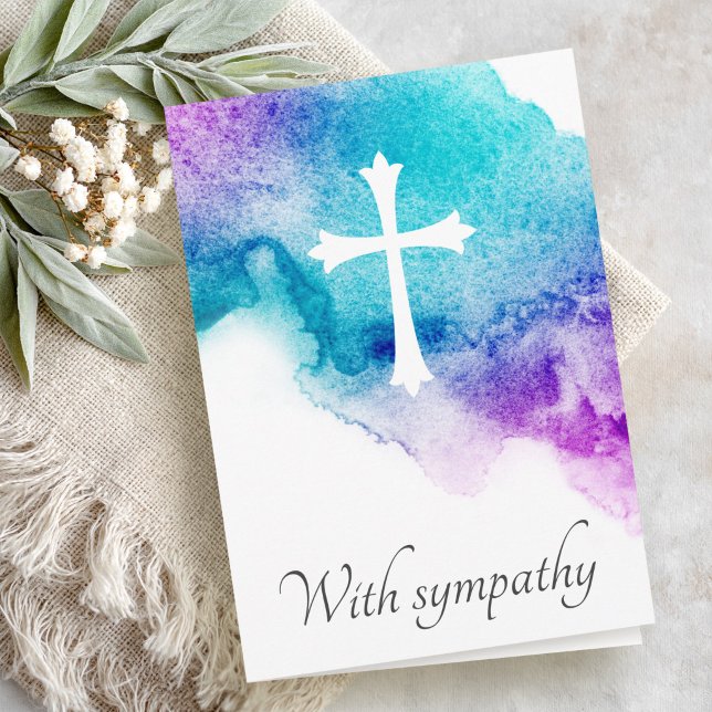 Kors lila blå akvarell sympati kondoleans kort (Cross purple blue watercolor sympathy condolence card)