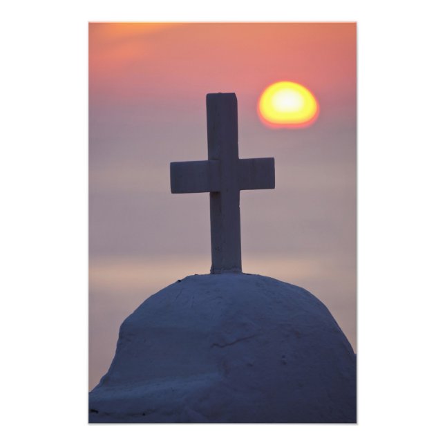 Kors på toppen av kyrka vid solnedgång, Mykonos, Fototryck (Framsidan)