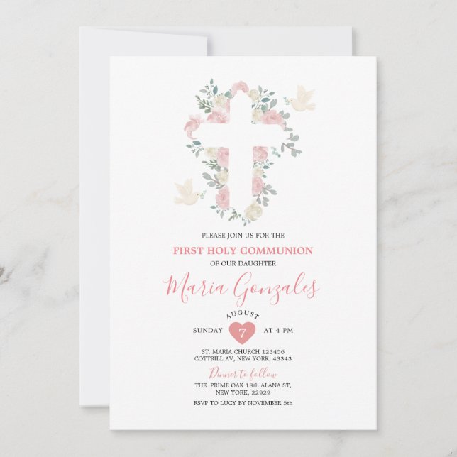 Kors Rosa Blommor Flickas Första Nattvarden Inbjudningar (Framsida)