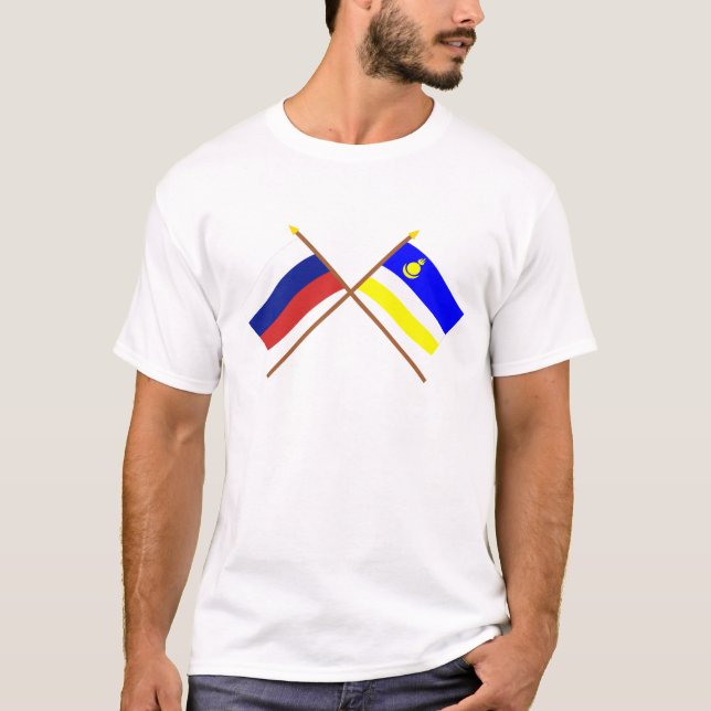 Korsad flaggor av Ryssland och den Buryat Tee (Framsida)