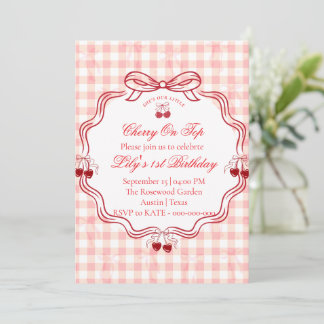 Körsbär 1-års inbjudan | Rosa Gingham-slöja