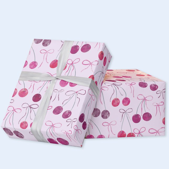 Körsbär Band och Slingor Vattenfärg Mönster Presentpapper (Cherries, ribbons and bows gift wrapping paper roll)