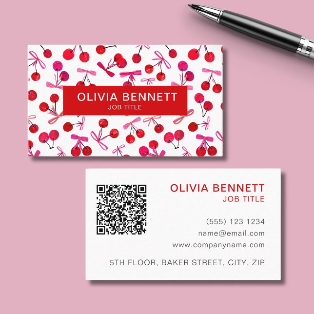 Körsbär & band QR-kod visitkort (Cherry and pink bow cute illustrated professional business cards with custom text and QR code.)