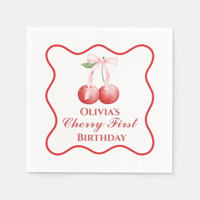 Körsbär första födelsedag Rosa band Gingham Pappersservett (Framsidan)