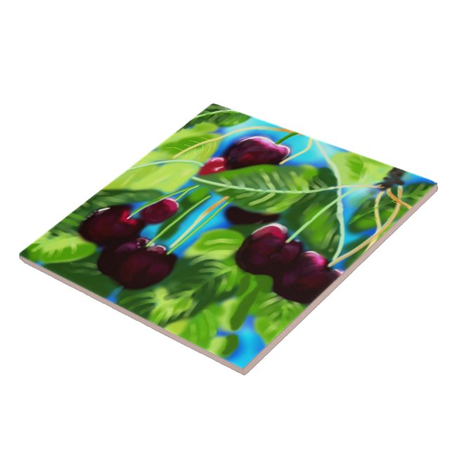 Körsbär från Grenar Cherry Red Grönt Kakelplatta (Sidan)