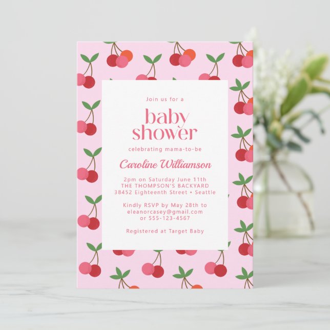 Körsbär Frukt Röd Rosa Söt Sommar Bebis Baby Showe Inbjudningar (Stående Fram)