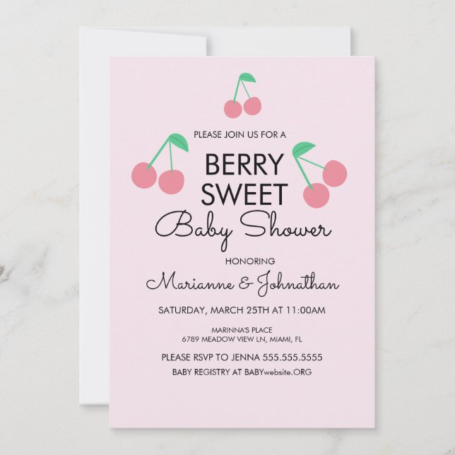 Körsbär Frukt Rosa Röd Bebis Baby Shower Inbjudan (Framsida)