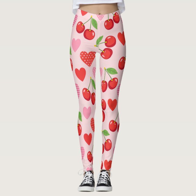 Körsbär & Hjärtan Sömlöst Mönster Leggings (Framsida)