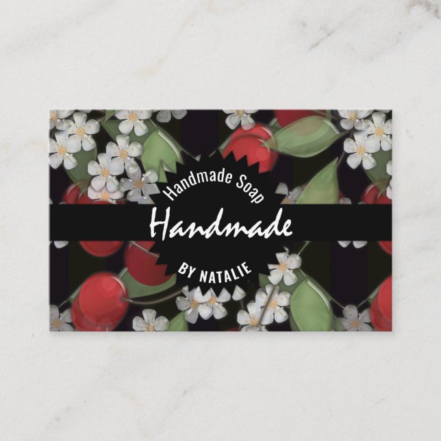 Körsbär och blommor i glasruta 3D-blommor Visitkort (Framsida)