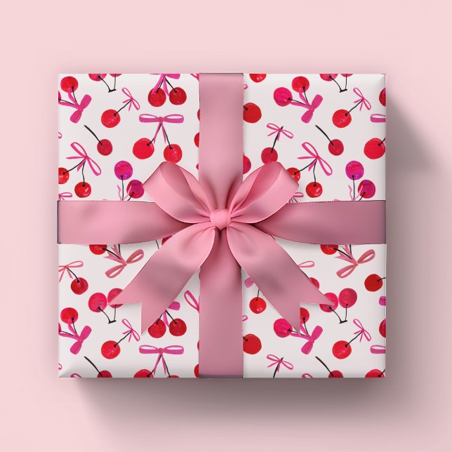 Körsbär och bovar mönster presentpapper (Coquette cherry and bow girly pattern wrapping paper rolls. Great for girls birthday or baby shower.)