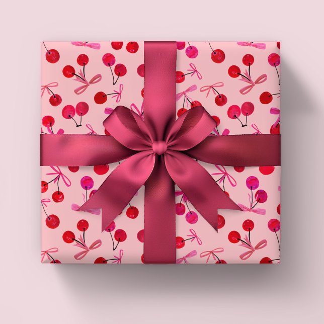 Körsbär och bovar mönster presentpapper (Coquette cherry & bow girly pink wrapping paper rolls. Great for girls birthday or baby shower.)
