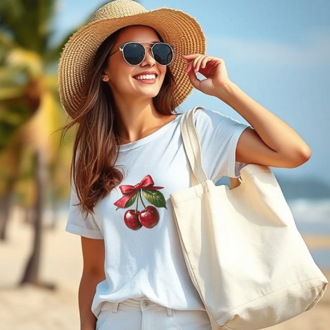 Körsbär och Bow T Shirt (Cherries-Cherries with a Bow-Trendy Fashion White T shirt)