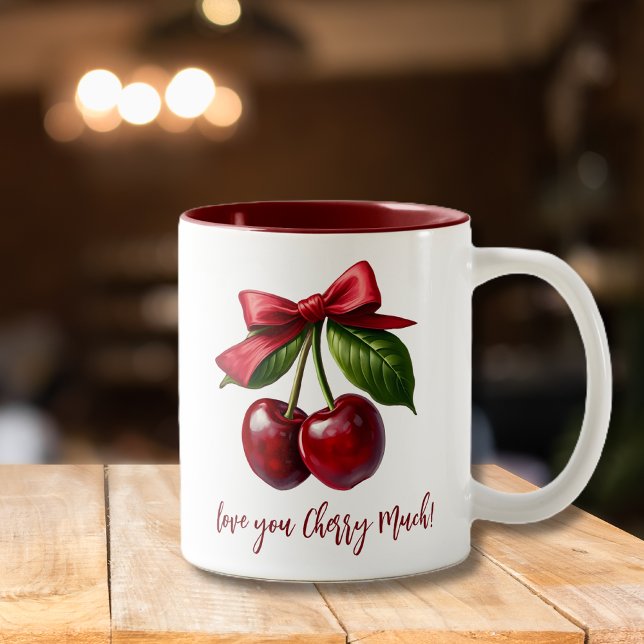 Körsbär och en Bow-Kärlek You Cherry Mycket Två-Tonad Mugg (Cherry Red with a Bow-Two toned mug-Love you Cherry Mug)