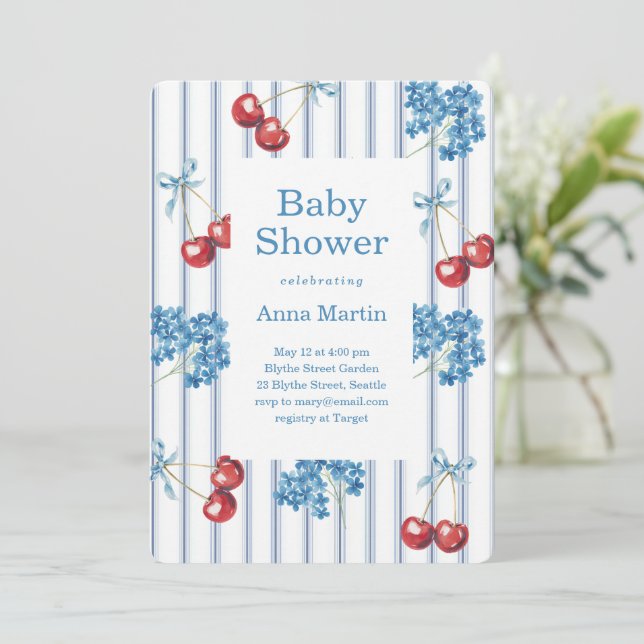 Körsbär och Hortensior Baby Shower Inbjudningar (Stående Fram)