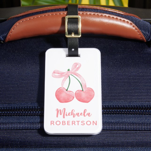 Körsbär och Rosa Bow Coquette Aesthetic Girly Cute Bagagebricka (Framsida Insitu 2)