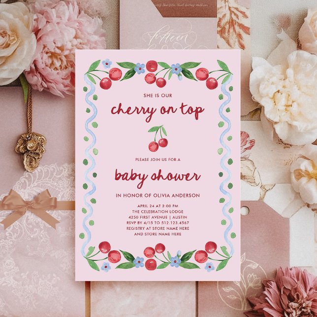 Körsbär överst | Red Script Whimsical Baby Shower Inbjudningar (Skapare uppladdad)