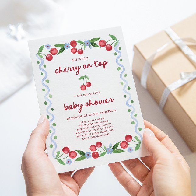 Körsbär överst | Red Script Whimsical Baby Shower Inbjudningar (Skapare uppladdad)