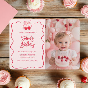 Körsbär överst Rosa och rött Cherry Photo Birthd Inbjudningar