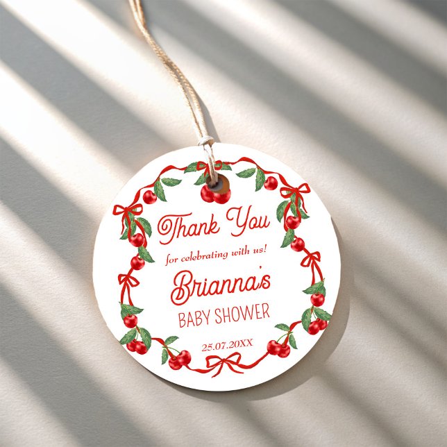 Körsbär på barnduschfavör på toppribban gåvor etiketter (Cherry on top red ribbon cherry  baby shower favors personalized favor tags)