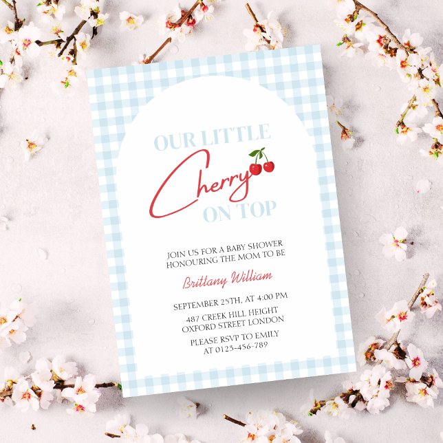 Körsbär på den moderna toppstyrda babyduschen inbjudningar (Our Little Cherry on Too Baby Shower Invitation )