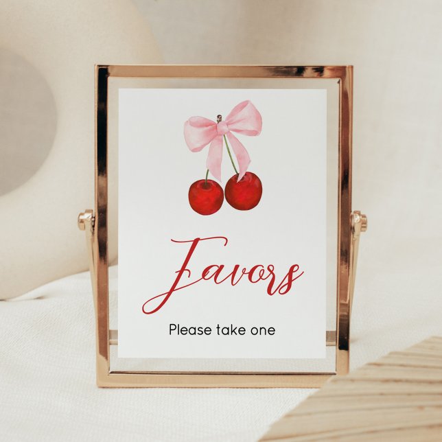 Körsbär på favoriter för babykläder poster (Cherry on Top Pink Bow Baby Shower Favors Sign)