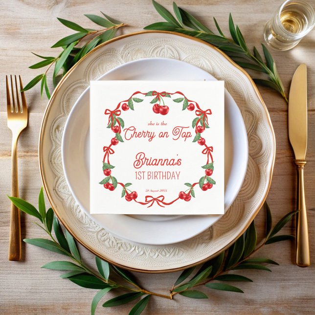 Körsbär på högtstående band med silikatfödelsemono pappersservett (Cherry on top red ribbon whimsical birthday monogrammed printed  napkins personalized party decor)