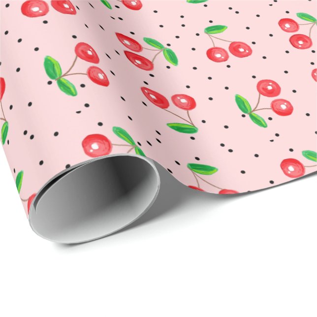 Körsbär på ROSA Presentpapper (Rullad Hörn)