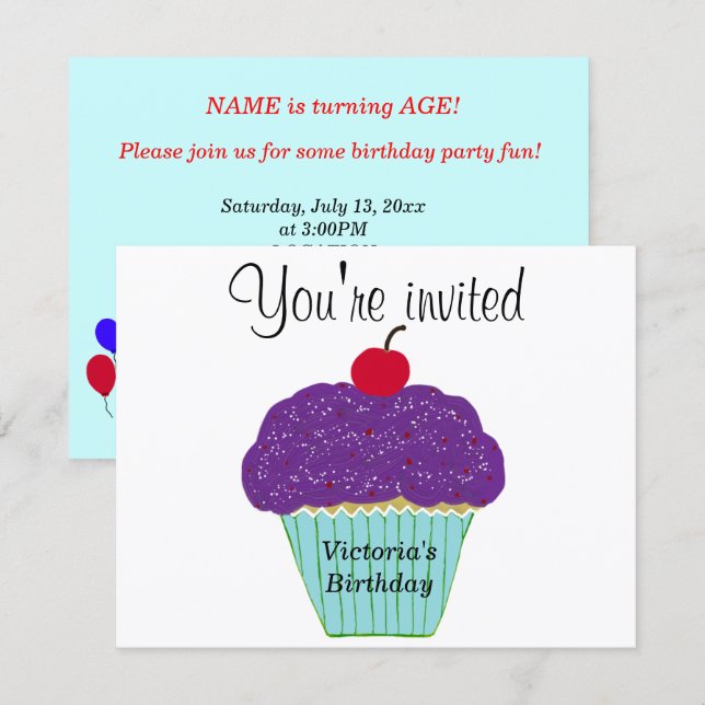 Körsbär på topp Lila Frosting Vanilj Cupcake Inbjudningar (Fram/baksida)