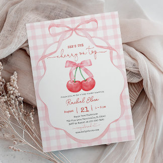 Körsbär på toppen med rosa rosett Baby Shower Inbjudningar