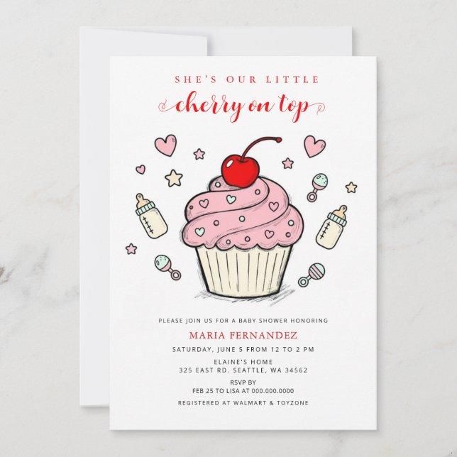 Körsbär På toppen Rosa Cupcake Flick Bebis Badrums Inbjudningar (Framsida)