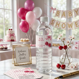 Körsbär På Toppen Rosa Flickas Baby Baby Shower Vattenflaska Etikett