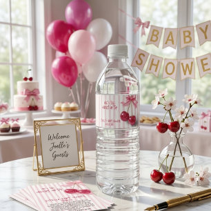 Körsbär På Toppen Rosa Flickas Baby Baby Shower Vattenflaska Etikett