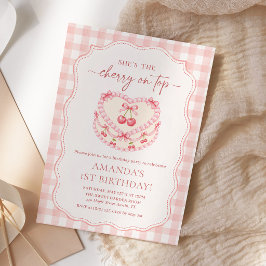 Körsbär På toppen Rosa Gingham 1-årsdag Inbjudningar