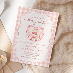 Körsbär På toppen Rosa Gingham 1-årsdag Inbjudningar