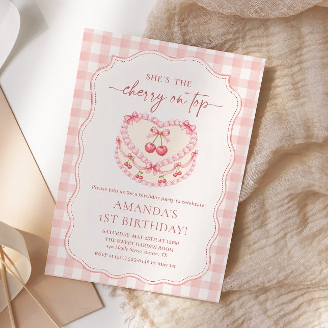 Körsbär På toppen Rosa Gingham 1-årsdag Inbjudningar (Skapare uppladdad)