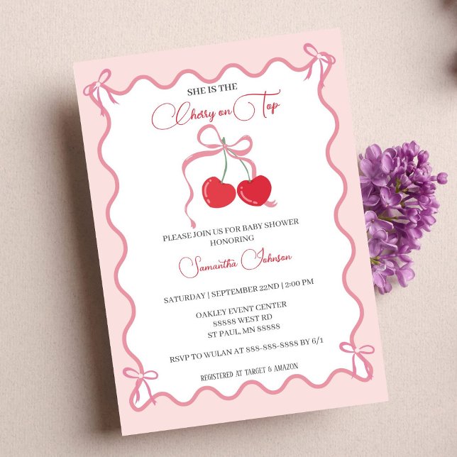Körsbär på toppen Rosa rosett Baby shower Inbjudningar (Skapare uppladdad)