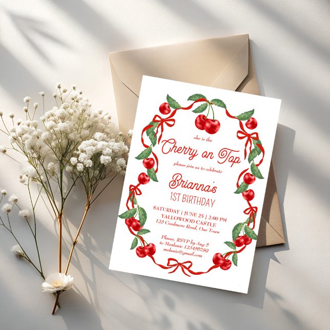 Körsbär på vit födelsedagsfest på översta bandet inbjudningar (She is the Cherry on top red ribbon whimsical cherry birthday party invitation template)