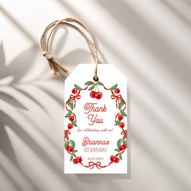 Körsbär på vit födelsedagsfest på översta bandet presentetikett (Cherry on top red ribbon whimsical cherry birthday party  personalized favor gift tags)