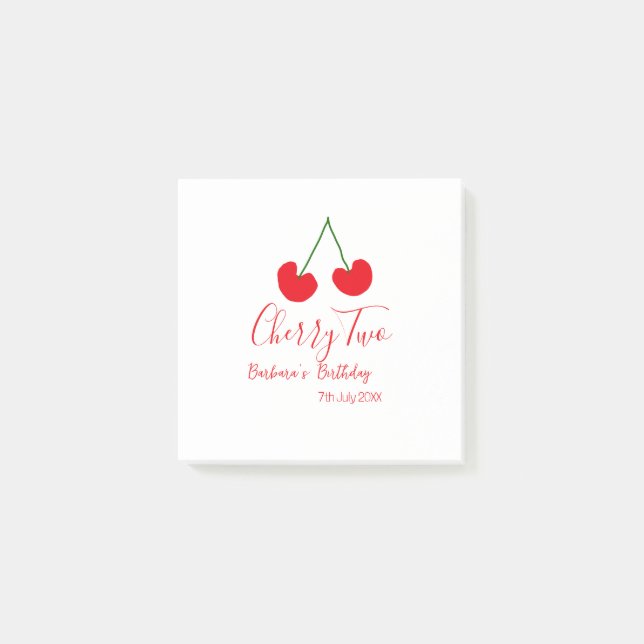 Körsbär två 2-årsdag rött körsbär barn enkelt post-it block (Framsida)