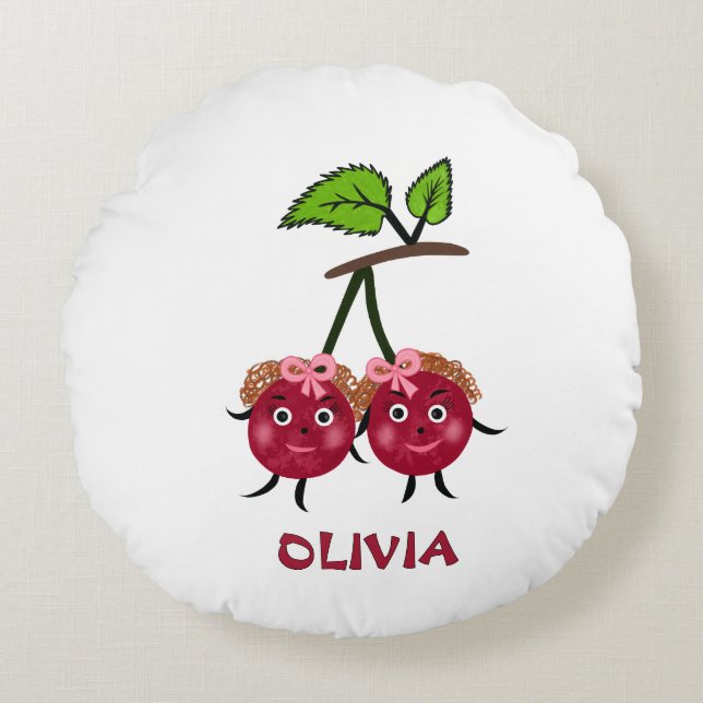 Körsbär, tvillingflickor rund kudde (Framsidan)