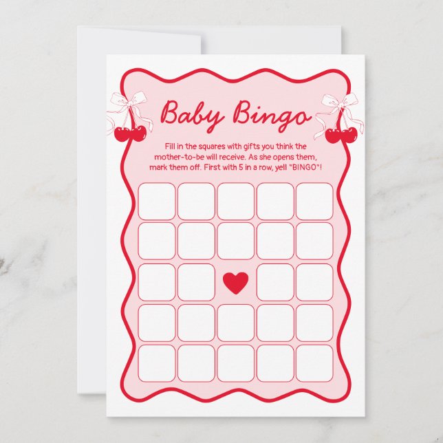 Körsbärs Baby Shower Bingo Spelkort Inbjudningar (Framsida)