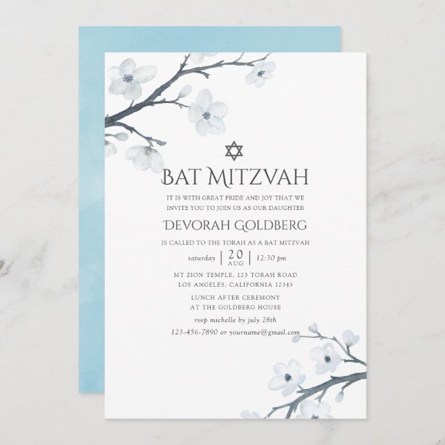 Körsbärs Blommar Blommigt Bat mitzvah Inbjudningar (Fram/baksida)