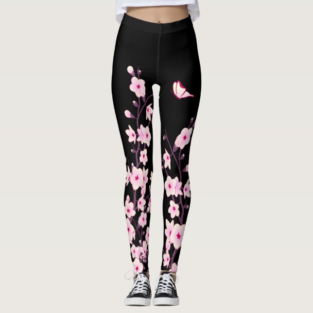 Körsbärs-Blommar | Blommigt för svart Rosa Leggings (Framsida)