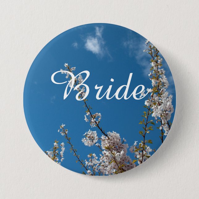 Körsbärs blommar i blå himmel bride bröllop. knapp (Framsida)