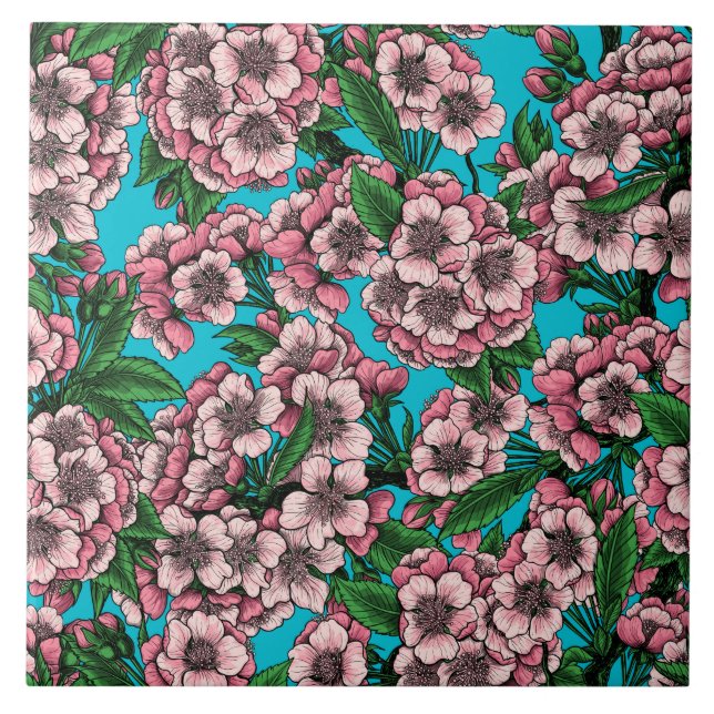 Körsbärs blommar i blått kakelplatta (Framsidan)