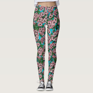 Körsbärs blommar i blått leggings