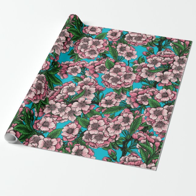 Körsbärs blommar i blått presentpapper (Utrullad)