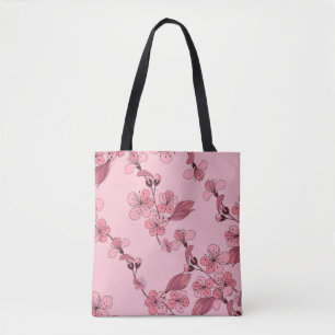Körsbärs blommar i rosa färg på vit bakgrund. tygkasse