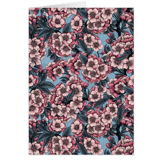 Körsbärs blommar i rosa och blått hälsningskort (Framsidan)
