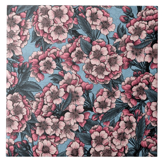 Körsbärs blommar i rosa och blått kakelplatta (Framsidan)